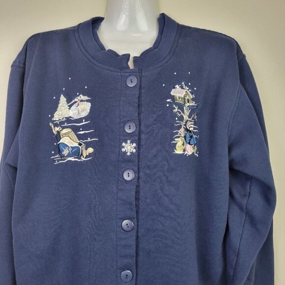 COTTAGE Cove Sweatshirt Button Cardigan Embroidery Winter Blue L - Picture 2 of 11